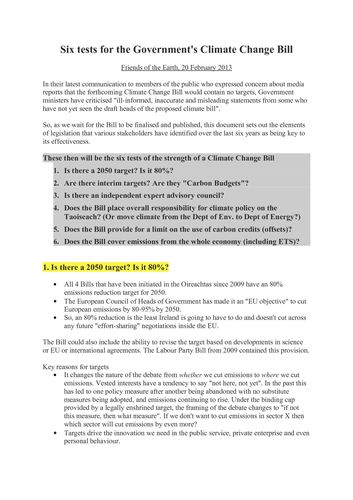 Publication cover - 6 Tests for the Government's Climate Change Bill