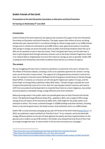 Publication cover - Dublin FOE - Paper on energy costs for Joint Oireachtas Education Cmt - June 2014